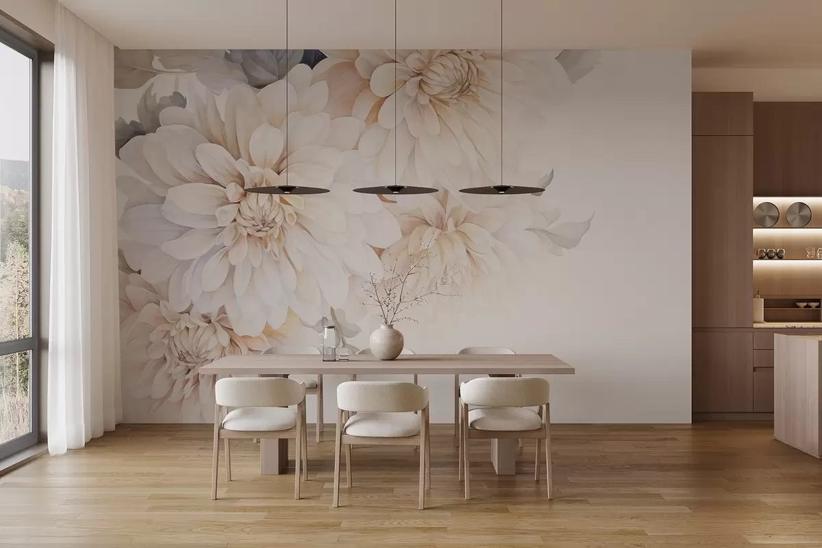 Fototapet Pastelldahlior med mjuka, skira persikofärgade och vita ljusa kronblad i akvarellstil, mjuk bakgrund w09115