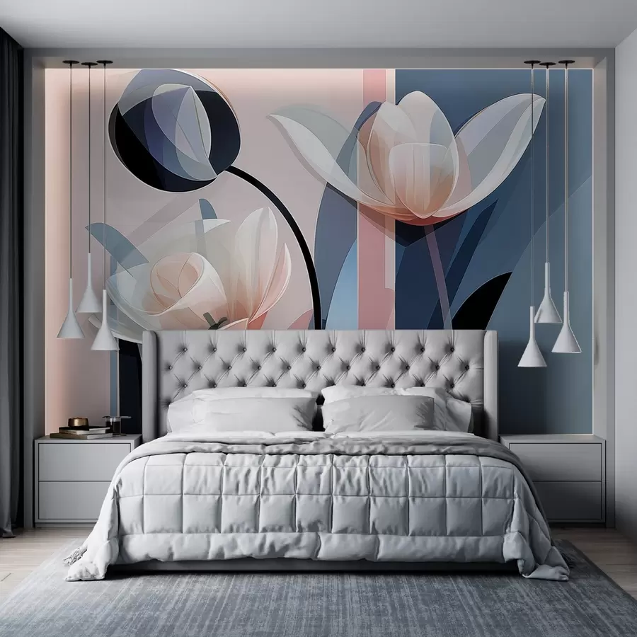 Fototapet Abstrakt modern design med tulpaner med genomskinliga kronblad i pastellfärger av rosa, vitt och mörkblått w09116