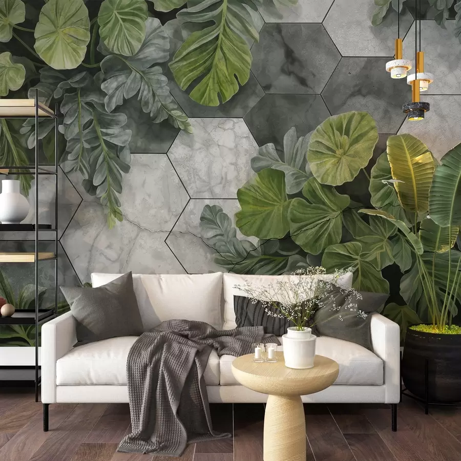 Fototapet Gröna tropiska blad och växter på en bakgrund av grå och vita texturerade plattor, frodigt bladverk modern design  w09117