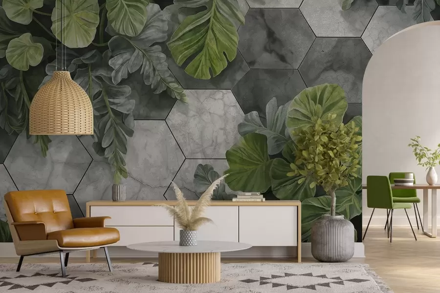 Fototapet Gröna tropiska blad och växter på en bakgrund av grå och vita texturerade plattor, frodigt bladverk modern design  w09117
