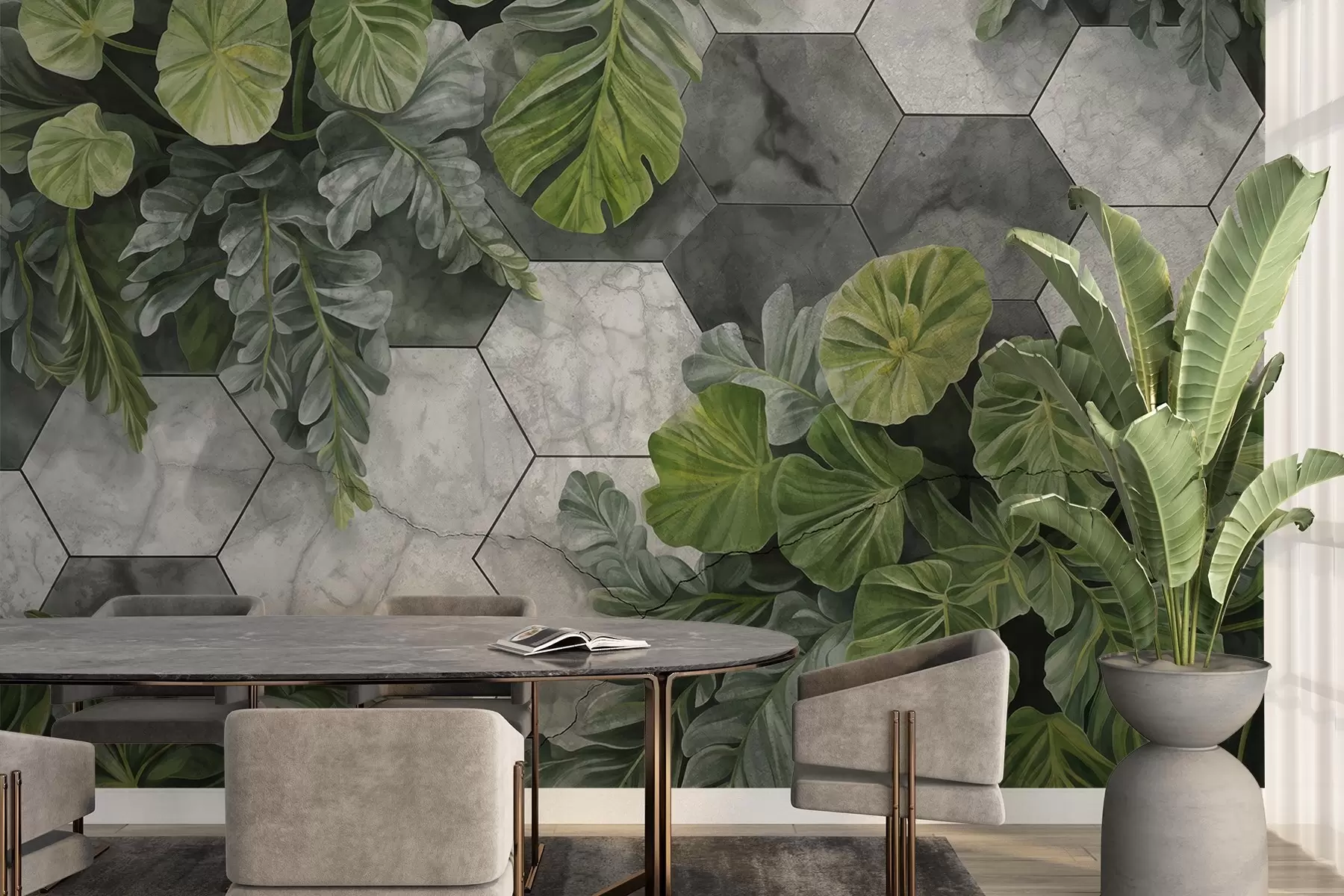 Fototapet Gröna tropiska blad och växter på en bakgrund av grå och vita texturerade plattor, frodigt bladverk modern design  w09117