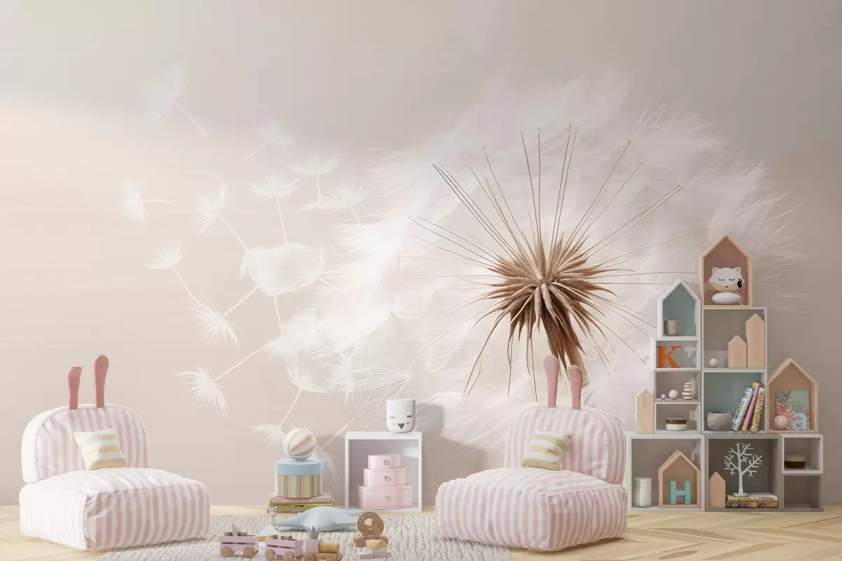 Fototapet Modern mjuk blomsterkomposition med ett fullblommat maskroshuvud och flytande frön, mot en delikat textilliknande textur w03939