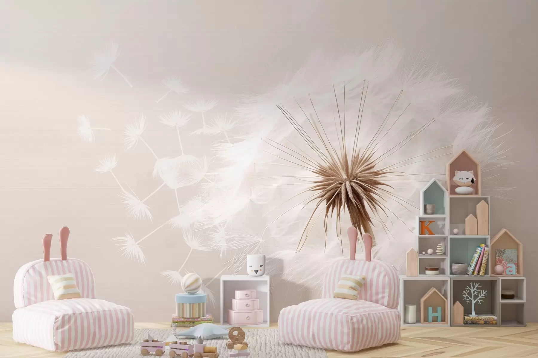 Fototapet Modern mjuk blomsterkomposition med ett fullblommat maskroshuvud och flytande frön, mot en delikat textilliknande textur w03939