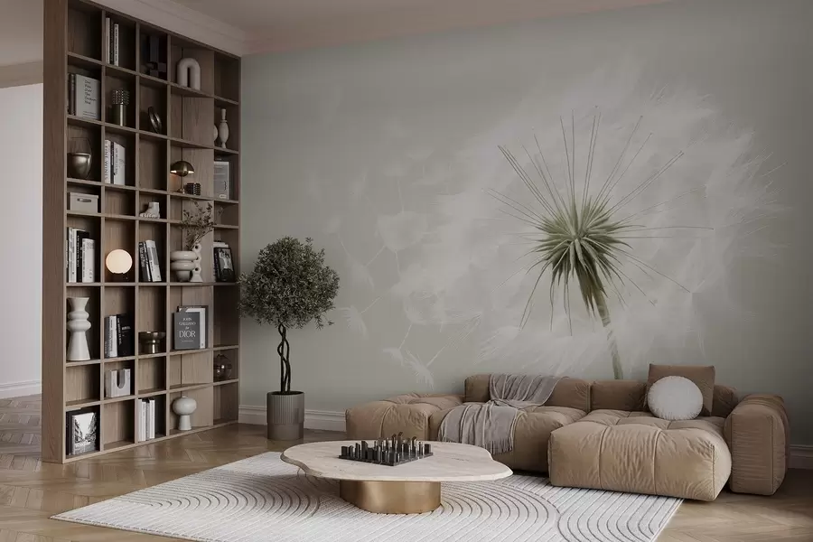 Fototapet Modern mjuk blomsterkomposition med ett fullblommat maskroshuvud och flytande frön, mot en delikat textilliknande textur w03939v1