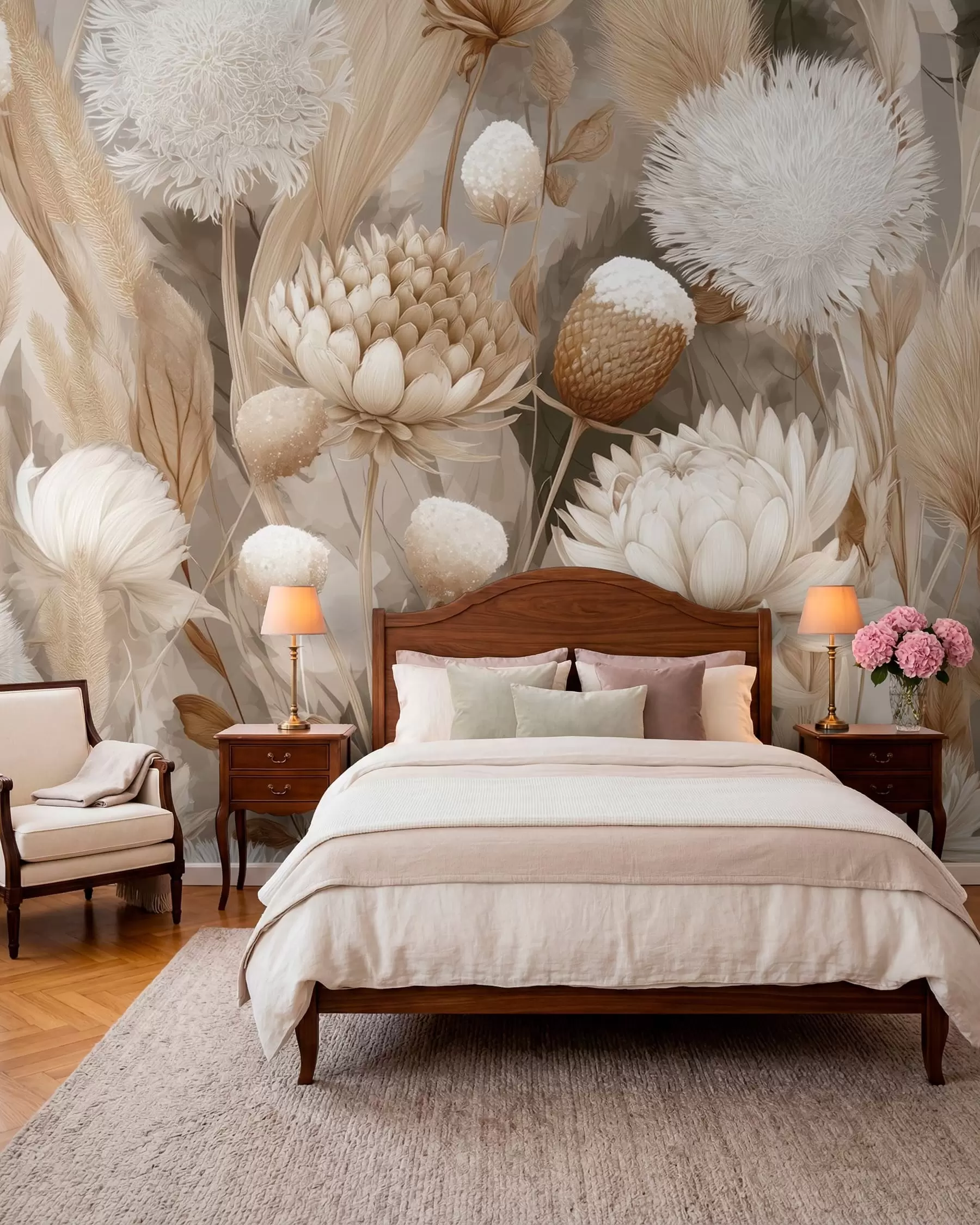 Fototapet Boho-harmoni: Texturerade blommor i beige och krämfärgade toner w09121
