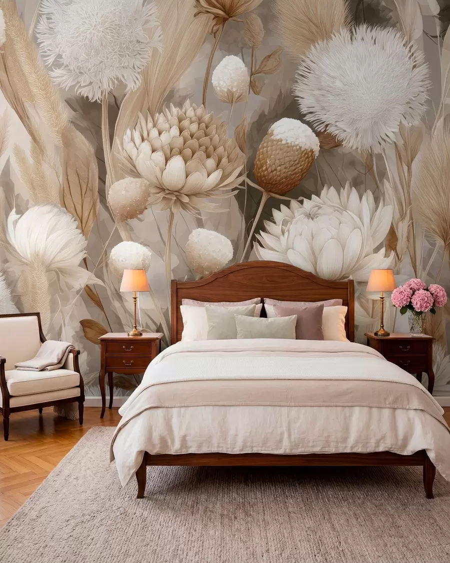 Fototapet Boho-harmoni: Texturerade blommor i beige och krämfärgade toner w09121