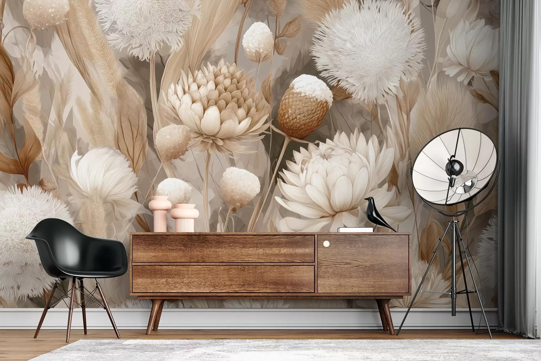 Fototapet Boho-harmoni: Texturerade blommor i beige och krämfärgade toner w09121