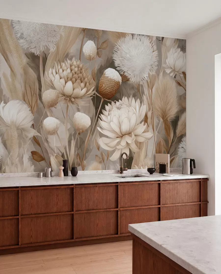 Fototapet Boho-harmoni: Texturerade blommor i beige och krämfärgade toner w09121
