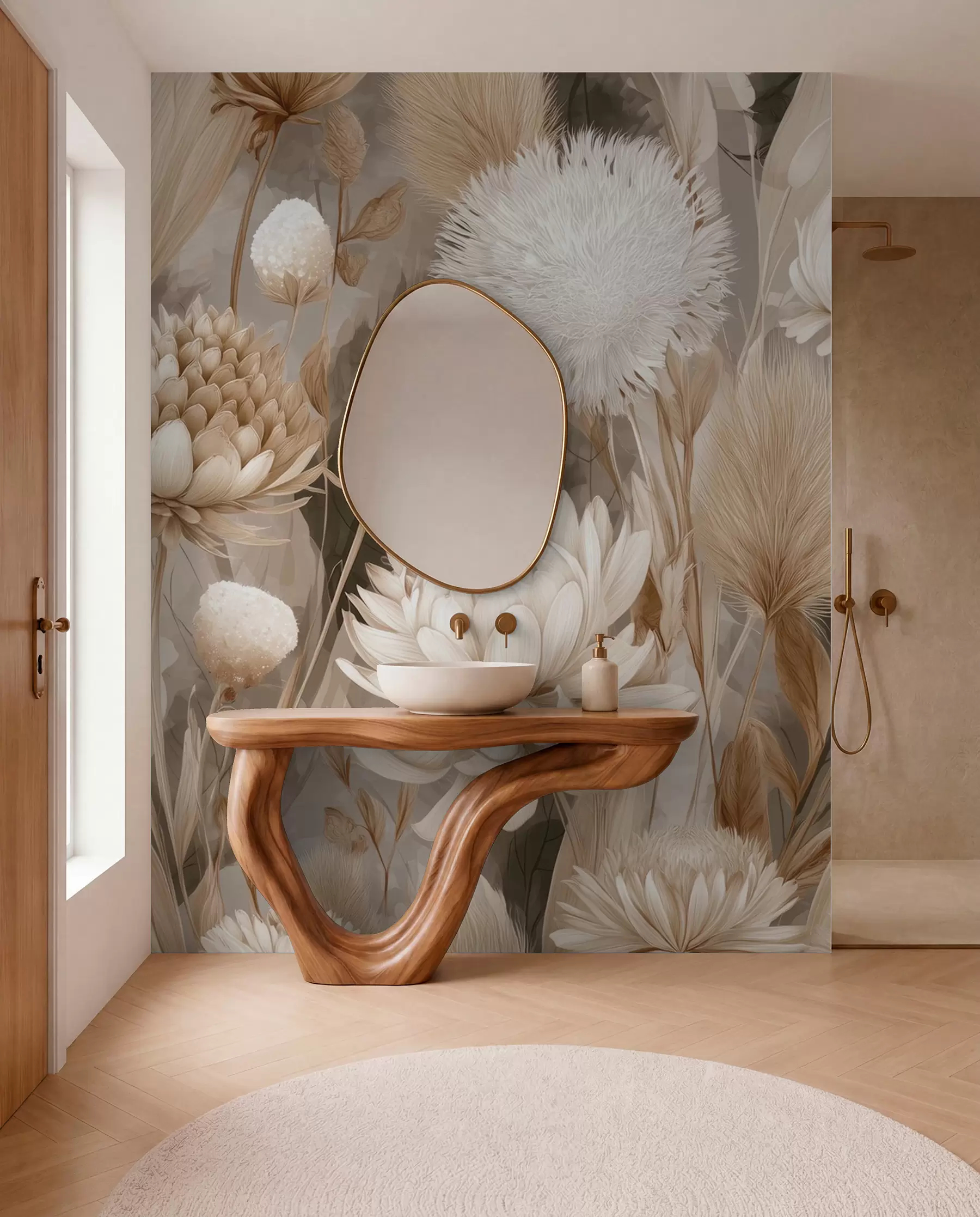 Fototapet Boho-harmoni: Texturerade blommor i beige och krämfärgade toner w09121