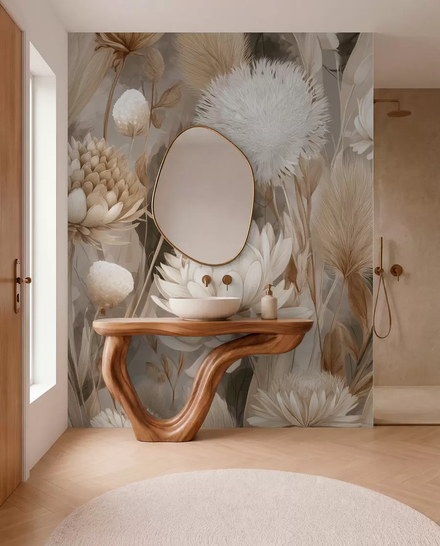 Fototapet Boho-harmoni: Texturerade blommor i beige och krämfärgade toner w09121