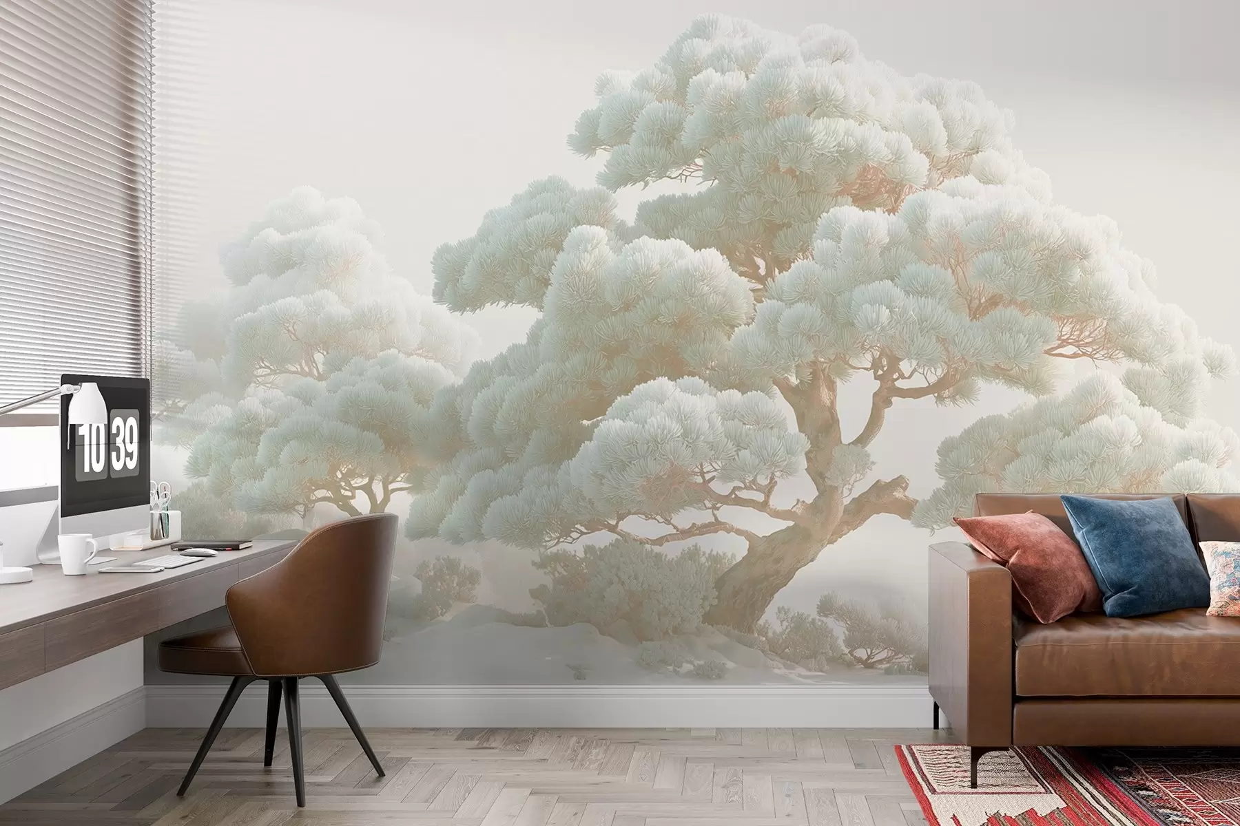 Fototapet Tallar i dimma i mjuka toner stående i en skog w09122