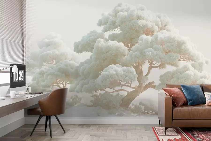 Fototapet Tallar i dimma i mjuka toner stående i en skog w09122