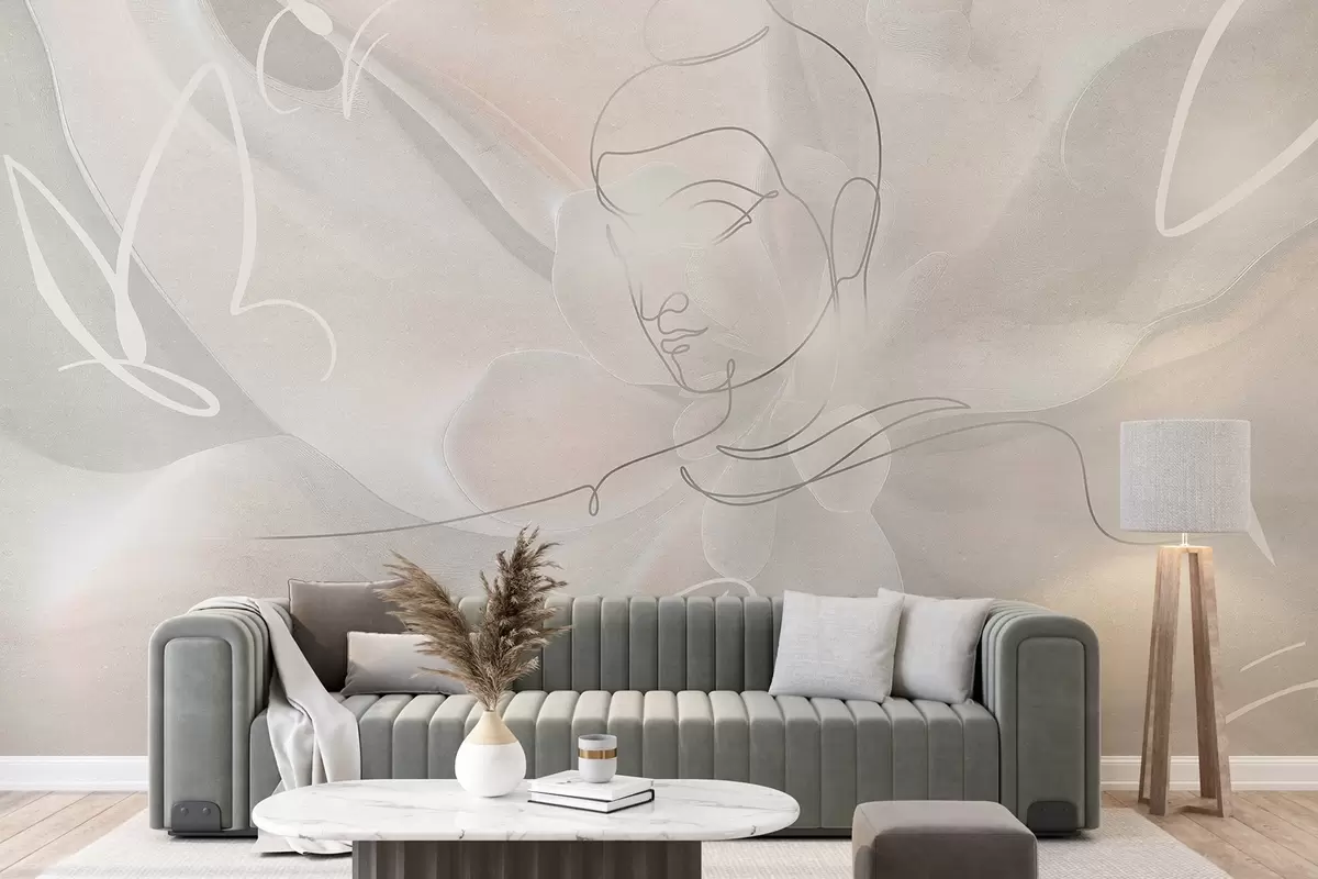 Fototapet Blomsterabstraktion med Buddha linjeteckning, beige färger w04004