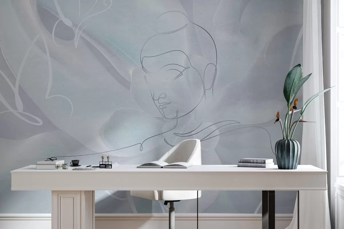 Fototapet Blomsterabstraktion med Buddha linjeteckning, blå färger w04004v1