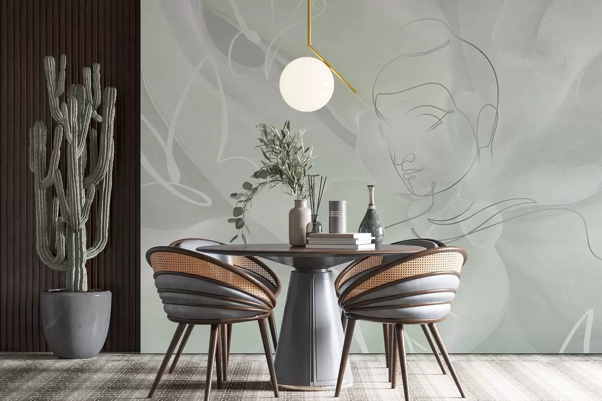 Fototapet Blomsterabstraktion med Buddha linjeteckning, gröna färger w04004v3