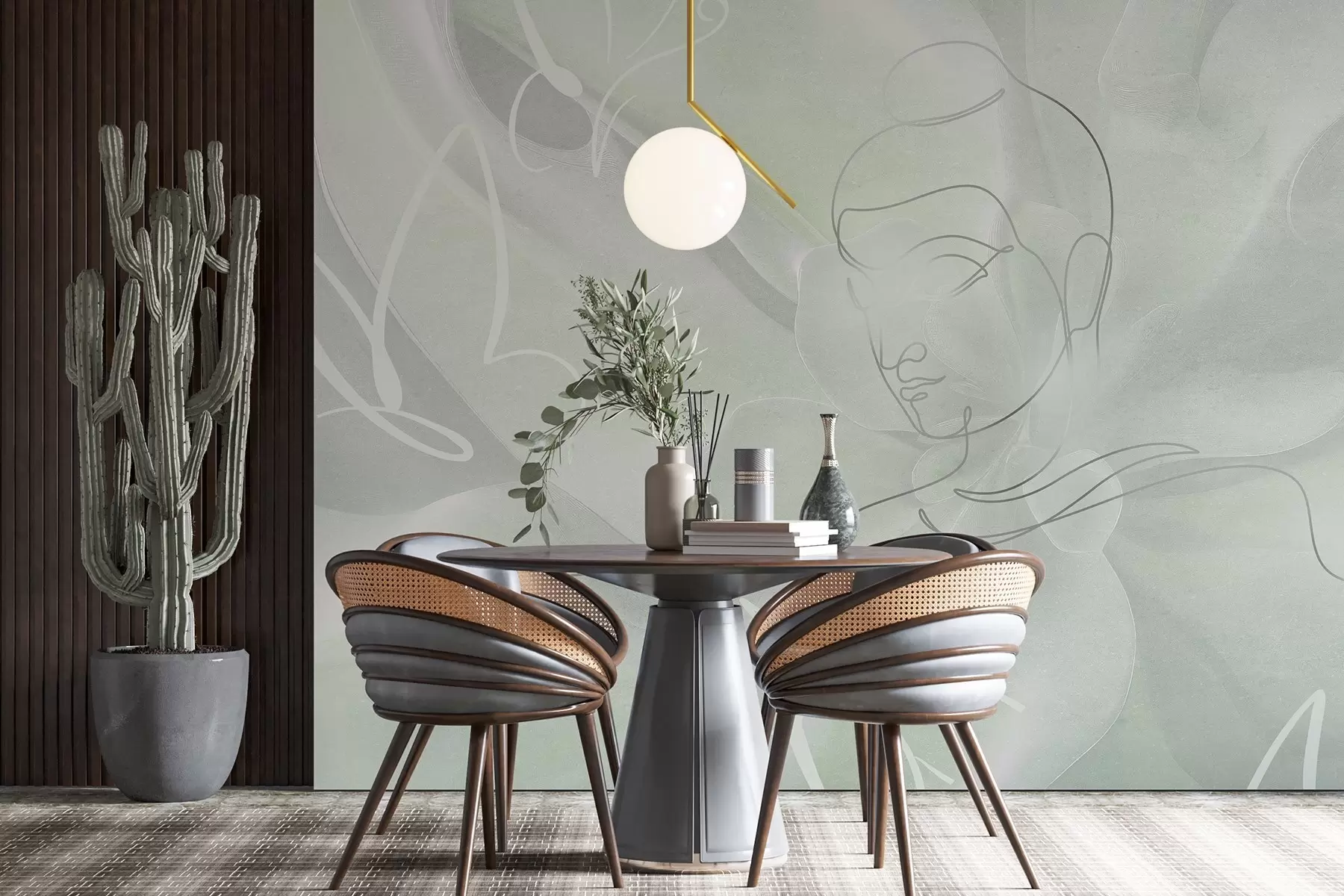 Fototapet Blomsterabstraktion med Buddha linjeteckning, gröna färger w04004v3