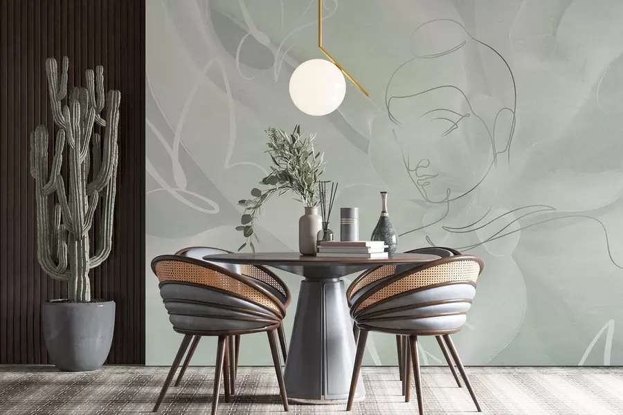 Fototapet Blomsterabstraktion med Buddha linjeteckning, gröna färger w04004v3