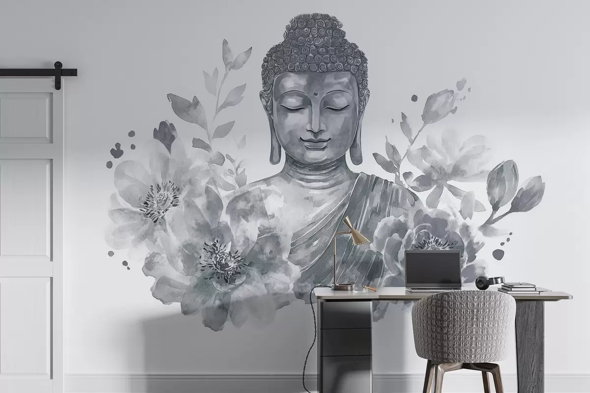 Fototapet Akvarell Buddha med blommor, andlig, grå färgpalett  w04005v1