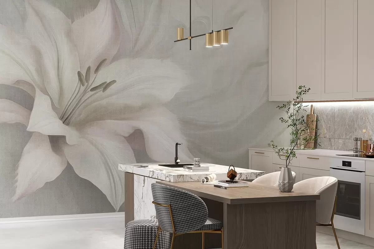 Fototapet Liljeblomma flytande abstraktion, blommig, grå färger w04006v2