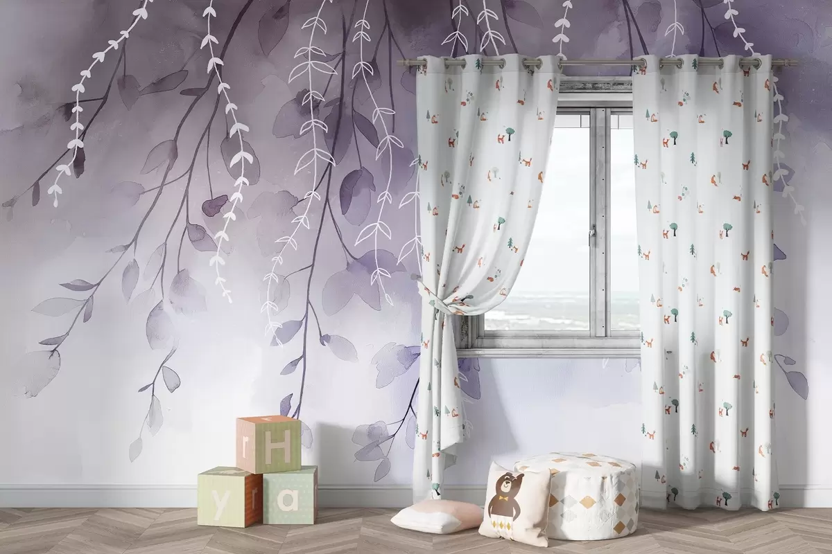 Fototapet Grenar med blad i akvarellstil, naturliga lila färger w04007v2