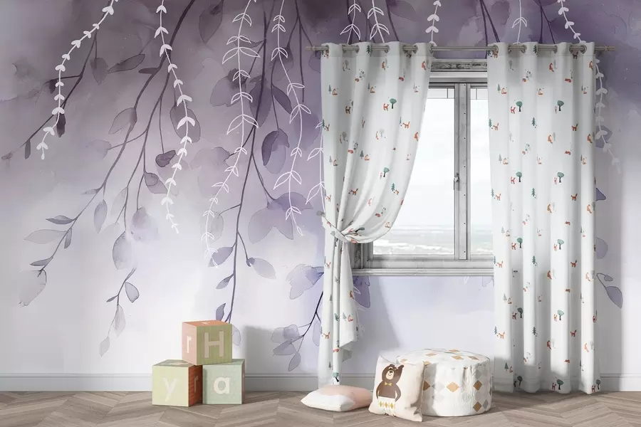 Fototapet Grenar med blad i akvarellstil, naturliga lila färger w04007v2