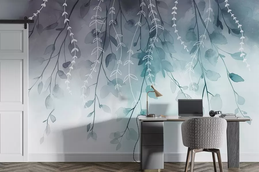 Fototapet Grenar med blad i akvarellstil, naturliga akvamarinfärger w04007v3