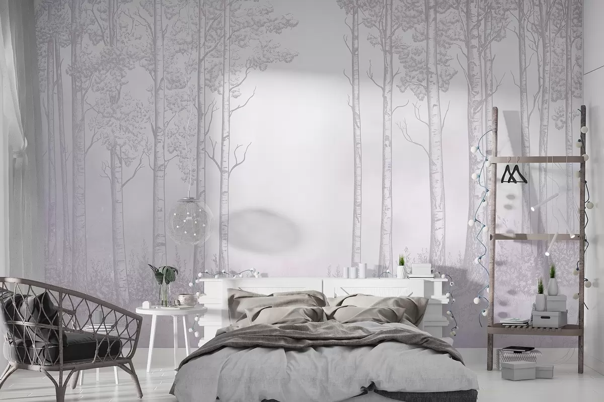 Fototapet Skog med björkar, minimalism, natur, rosa färgpalett  w04009v2