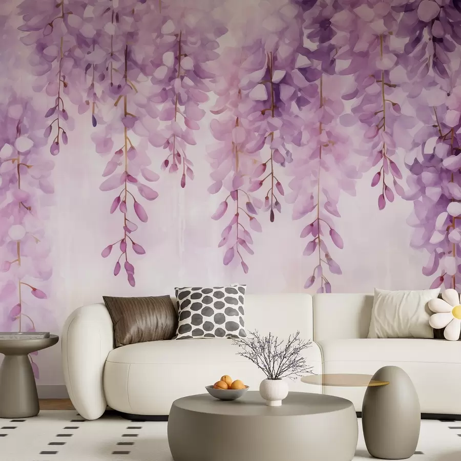 Fototapet Delikat akvarellkomposition med fallande blåregn i mjuka lavendel- och rosa toner som skapar en fridfull känsla, w04034