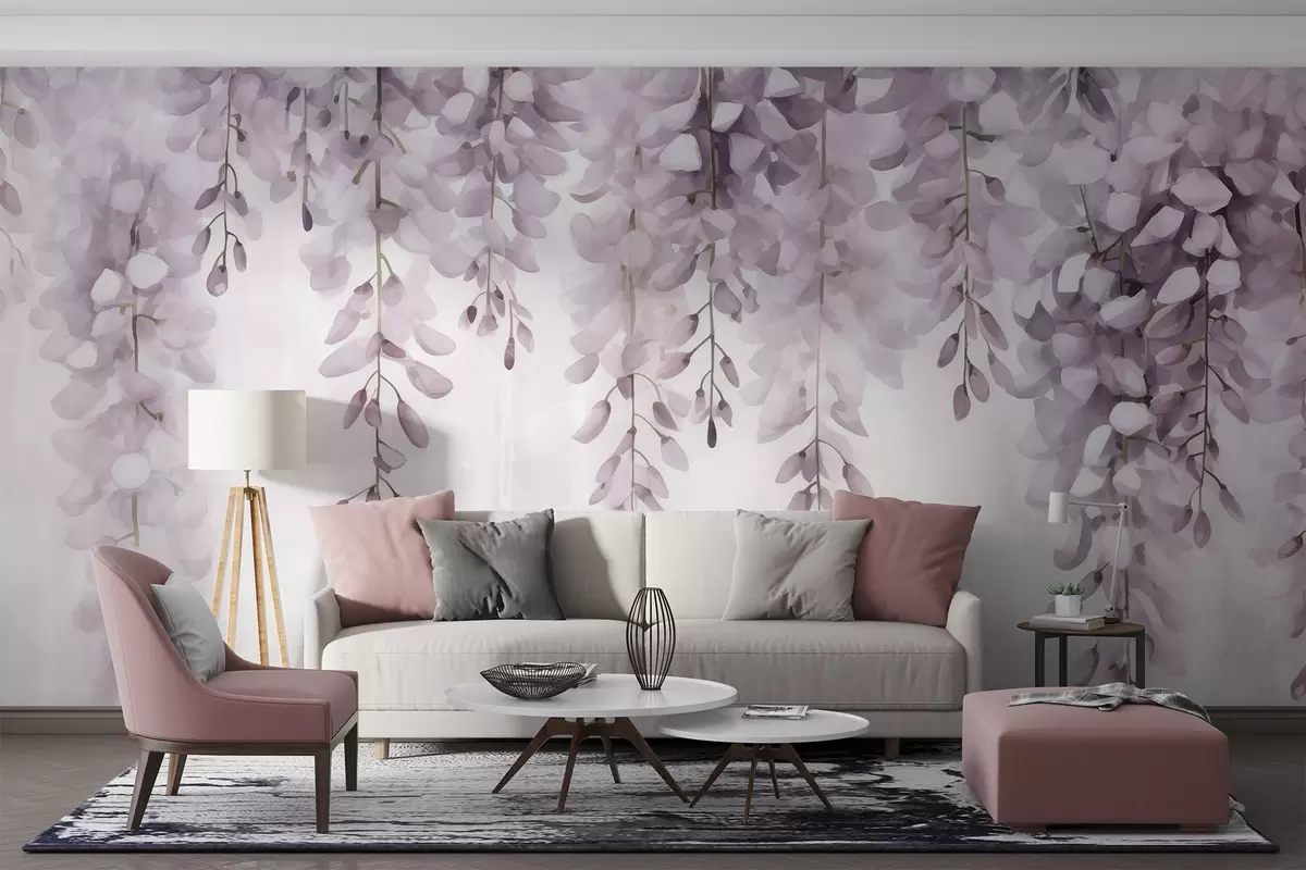 Fototapet Akvarellscen med mjukt lila blåregn som faller i kaskader från ovan, vilket framkallar lugnet och klarheten i en tidig morgondimma w04034v3