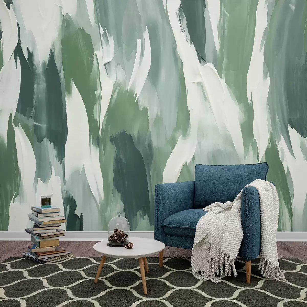 Fototapet Abstrakt textur av djärva gröna och krämfärgade penseldrag, som för tankarna till rytmen i vindblåsta bladverk och organisk rörelse w04035