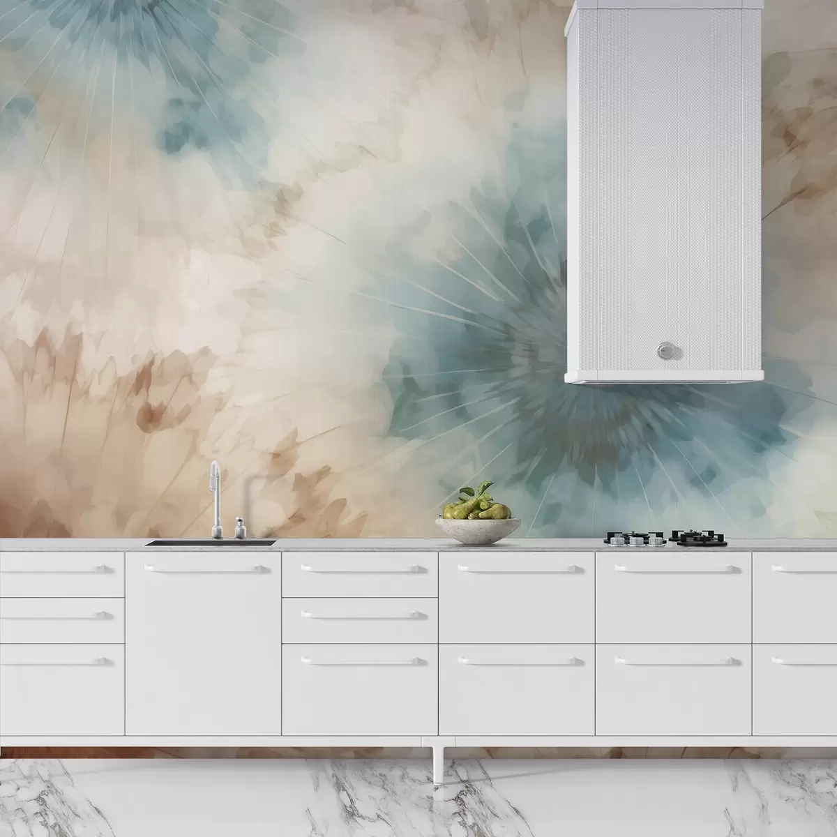 Fototapet Strålande explosioner i himmelsblått, lera och ockra skapar ett mjukt samspel mellan jordad energi och luftig expansion, som för tankarna till naturens puls w04036