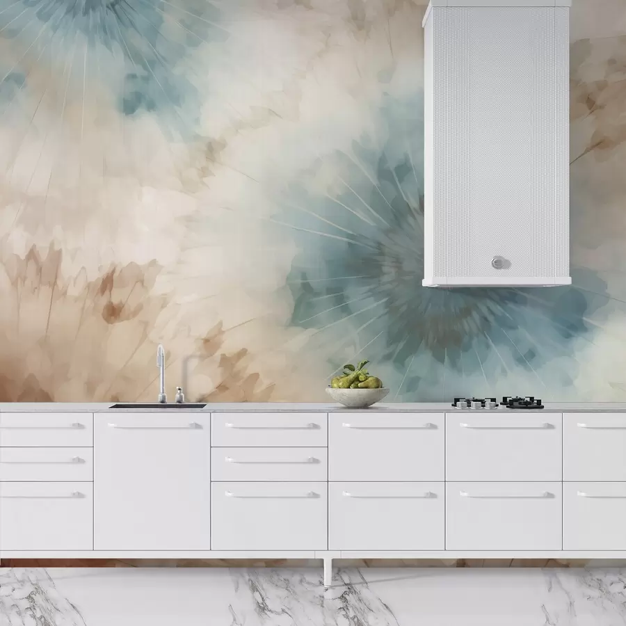 Fototapet Strålande explosioner i himmelsblått, lera och ockra skapar ett mjukt samspel mellan jordad energi och luftig expansion, som för tankarna till naturens puls w04036