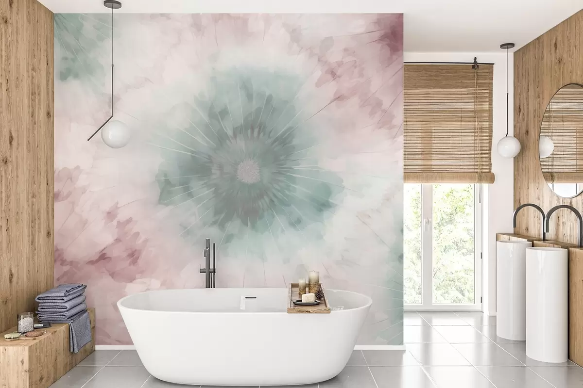 Fototapet Radiellt akvarellmönster som blandar dimmigt grönt och dammigt rosa och för tankarna till morgondaggens mjukhet och dagens första andetag w04036v2