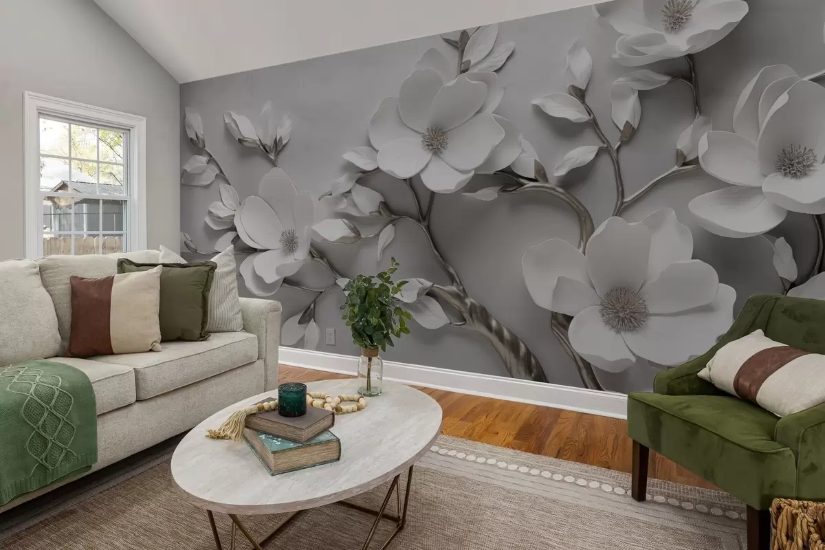 Fototapet Dimensionell blommig gren i rent vitt och neutrala toner w04039v2