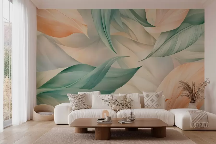 Fototapet exotiska tropiska blad i fina persiko- och gröna toner w03962