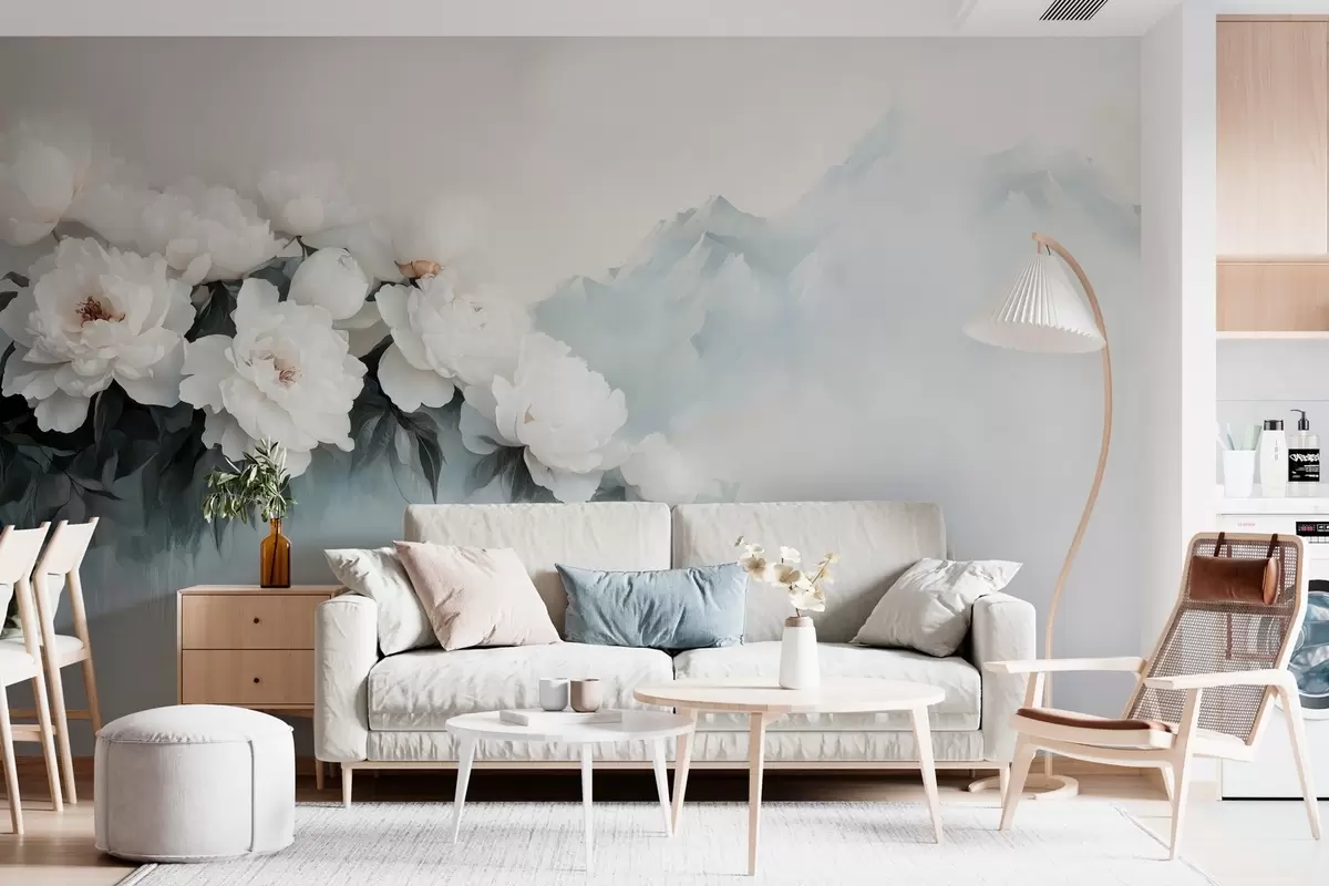 Fototapet pittoreska frodiga vita pioner mot bakgrunden av dimmiga berg w03965