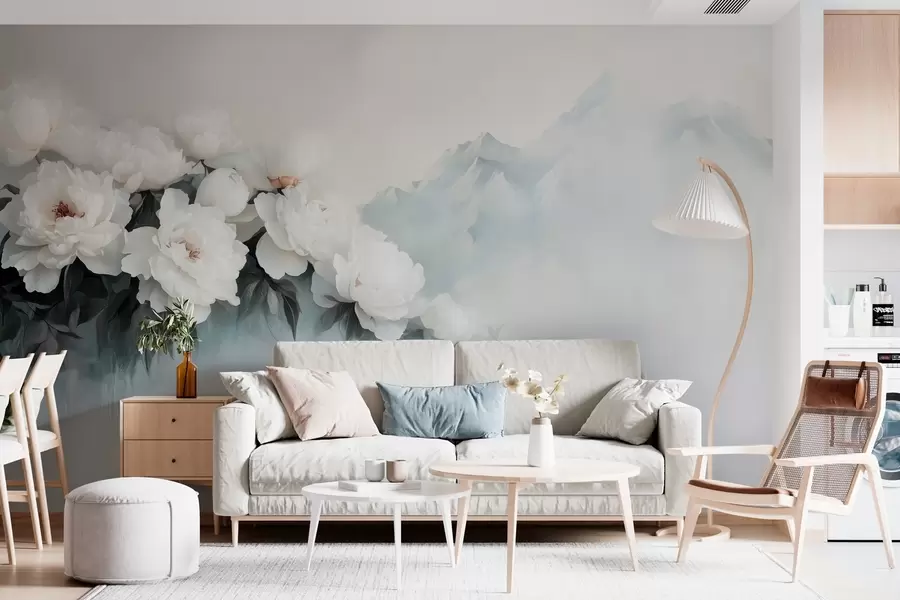 Fototapet pittoreska frodiga vita pioner mot bakgrunden av dimmiga berg w03965