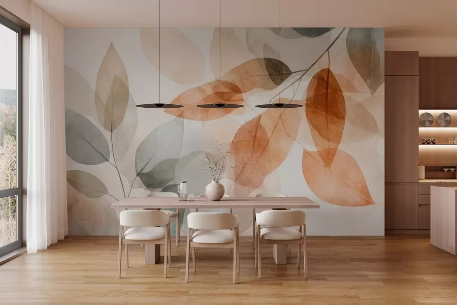 Fototapet blad i akvarellstil i nyanser av sepia och grått w04024