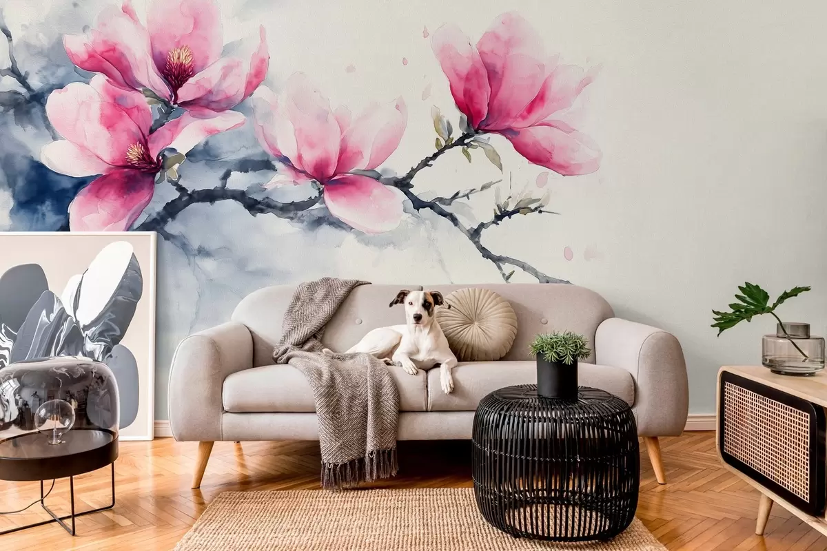 Fototapet blommande gren av rosa magnolia på en elfenbensfärgad bakgrund w04027