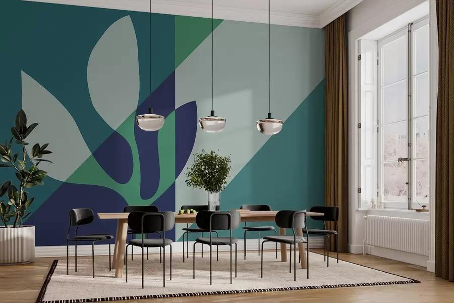 Fototapet abstrakt grafisk växt på bakgrund av geometri i blå toner w04028v1