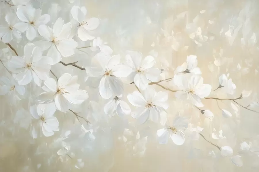 Fototapet delikat blommande aprikosgren i stil med oljemålning i pastellfärger w04029