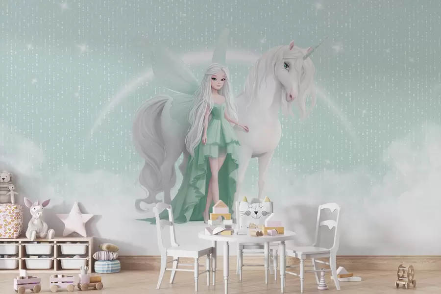 Fototapet En älva med en enhörning bland molnen w03527v2