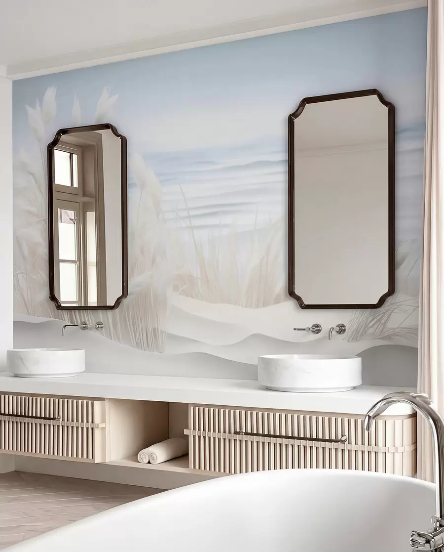 Fototapet Landskap med vitt pampasgräs på en sanddyn, med ett ljusblått hav i bakgrunden, mjuk, minimalistisk stil w09132