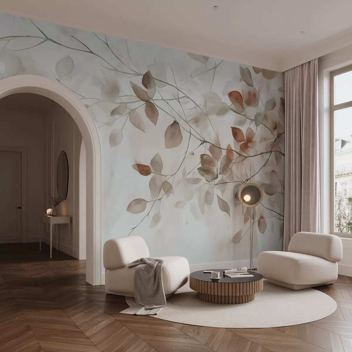 Fototapet Texturell akvarellmålning med imitation av bruna blad och grenar, mjuka färger, fina detaljer mot en vit bakgrund w09133