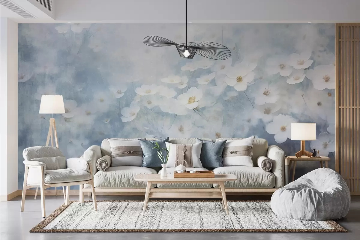 Fototapet Texturfält av vita anemonblommor, mjuk fokus, drömsk atmosfär, ljusblå och vit färgpalett, våräng w09134