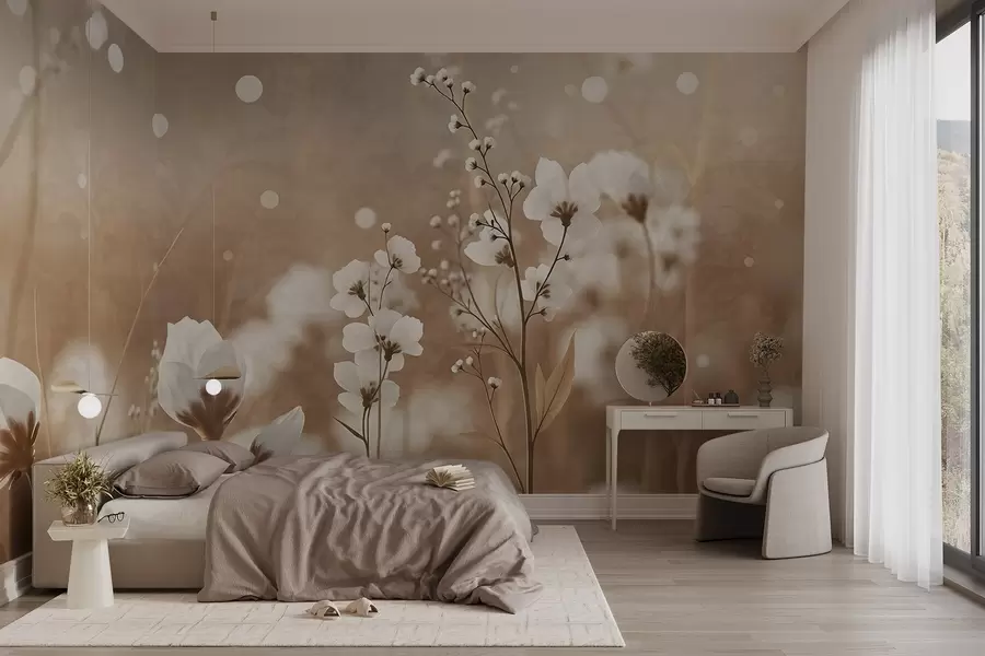 Fototapet Vita blommor med bruna stjälkar och blad i ett fält, bokeh-effekt, varm färgpalett, elegant naturinspirerat konstverk w09135