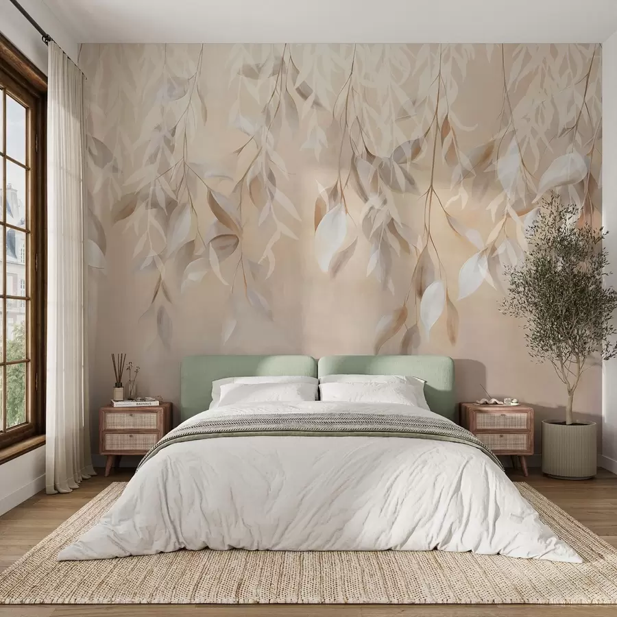 Fototapet Hängande texturerade vita och beige blad med en mjuk färgpalett, persika, grå och vit delikat bakgrund  w09136