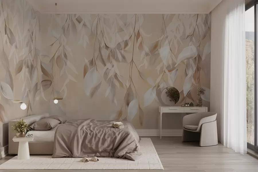Fototapet Hängande texturerade vita och beige blad med en mjuk färgpalett, persika, grå och vit delikat bakgrund  w09136