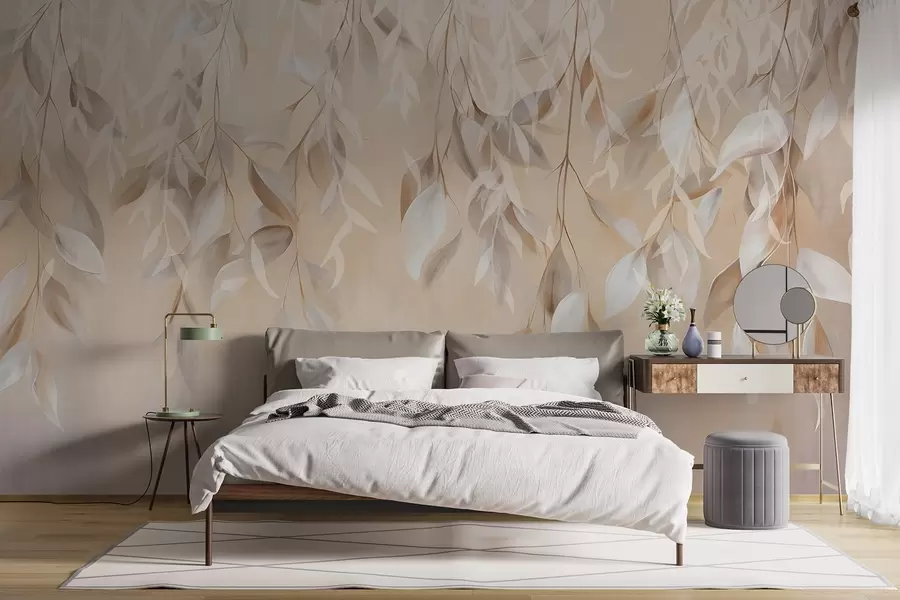 Fototapet Hängande texturerade vita och beige blad med en mjuk färgpalett, persika, grå och vit delikat bakgrund  w09136