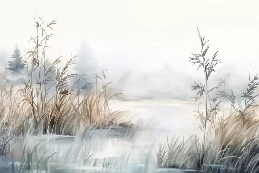 Fototapet Texturerat landskap av en sjö med högt gräs i förgrunden, mjukt blått och brunt, lugnt vatten, träd i fjärran w09137